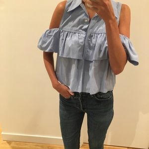 Zara frilled poplin cold shoulder ruffle top